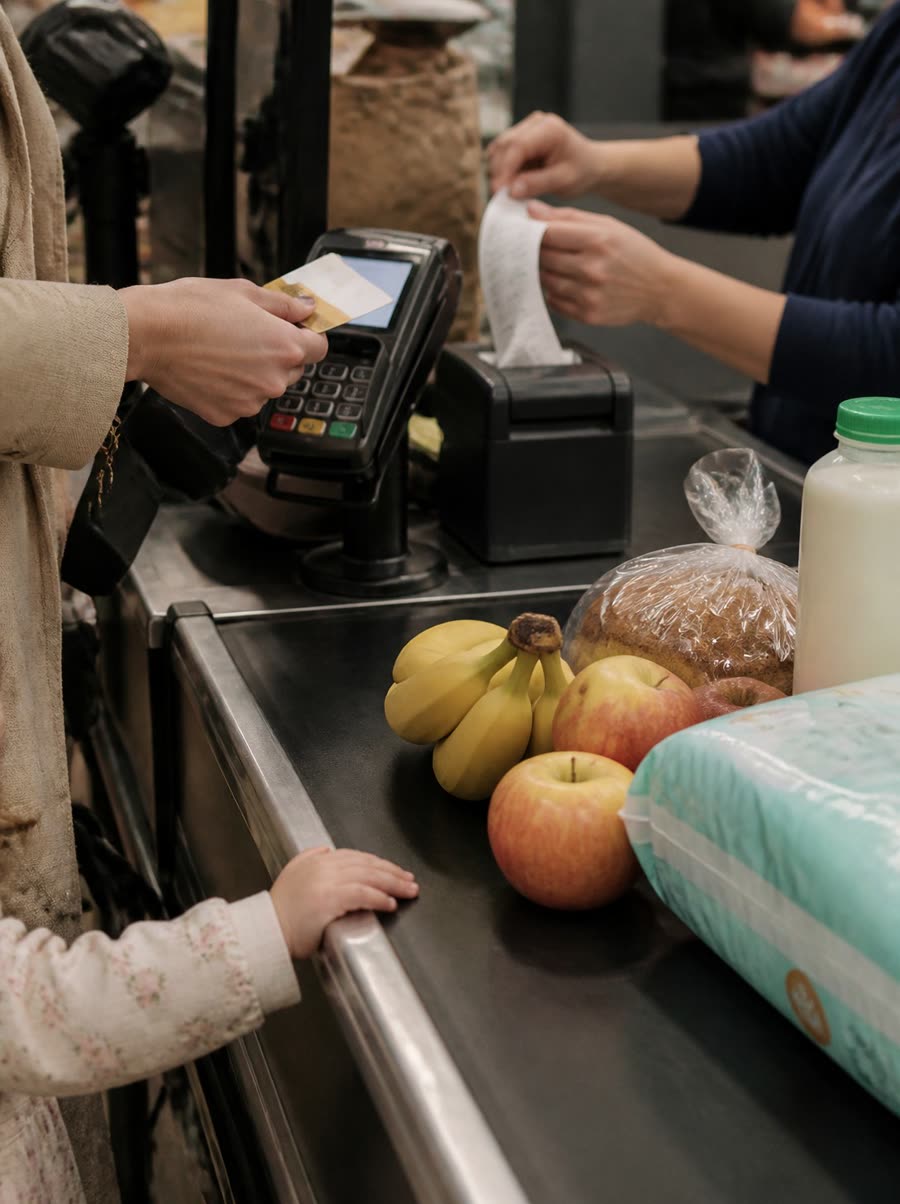 Bezahlen mit Karte an der Supermarktkasse, eine Kinderhand liegt am Band neben Obst, Brot, Milch und Windeln
